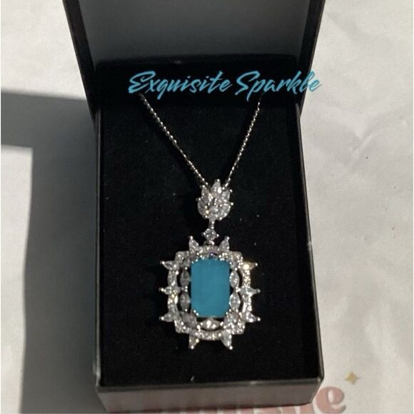 Lab Created  Paraiba Tourmaline &Zircon vintage inspired silver Pendant necklace - Picture 4 of 16
